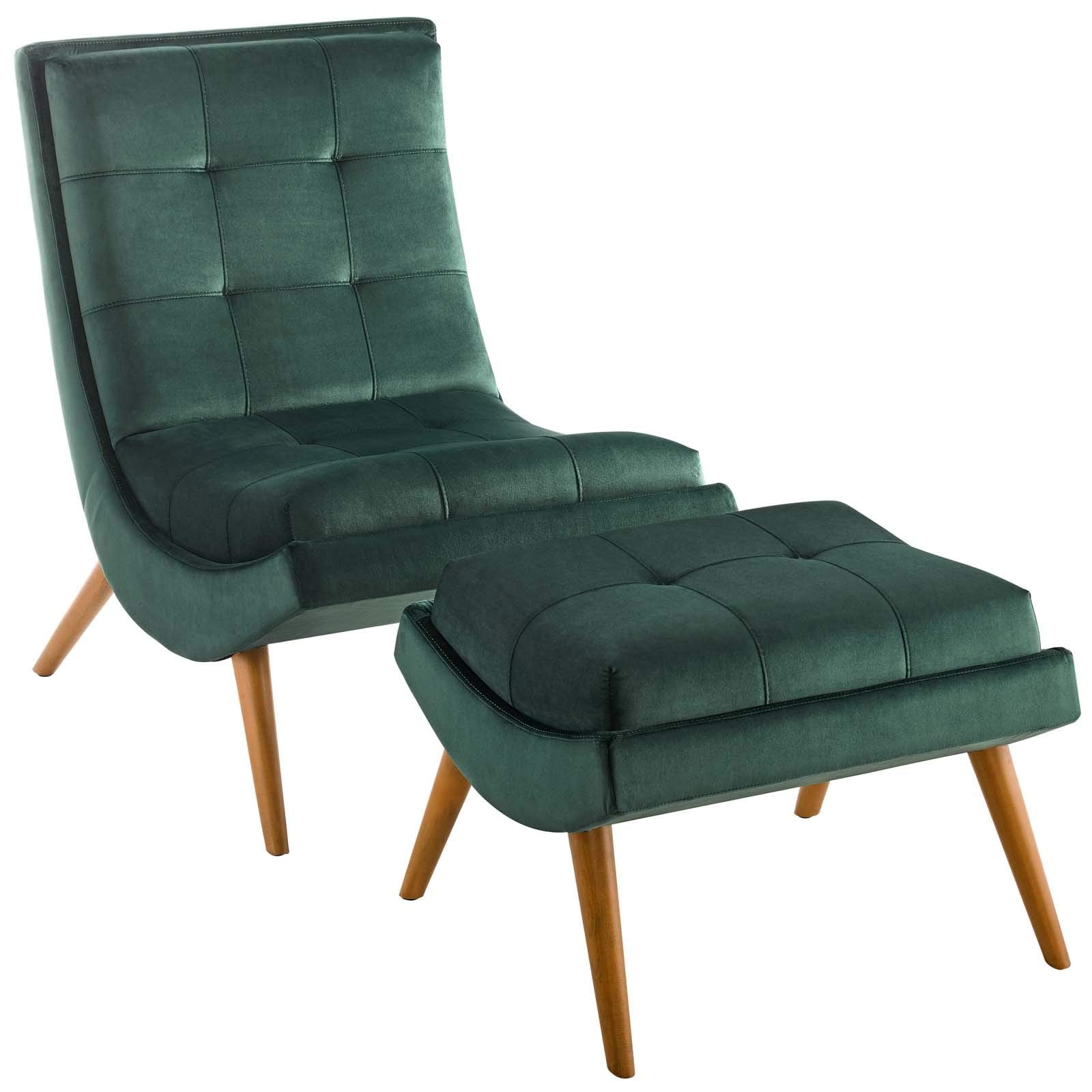 Modway Ramp Biscuit Tufted Performance Velvet Living Room Lounge Chair And Ottoman Set In Green